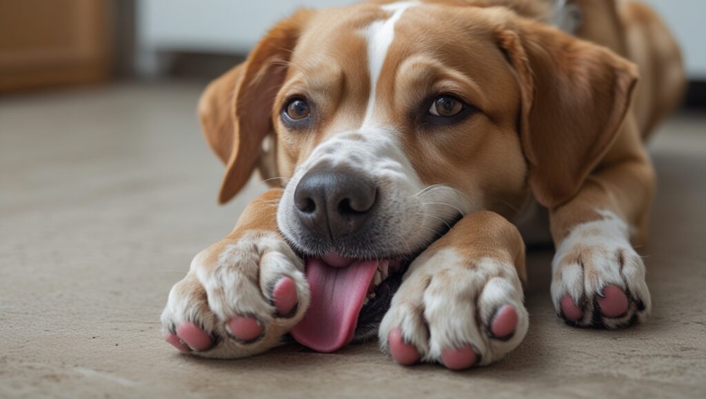 dog is licking and biting paws
